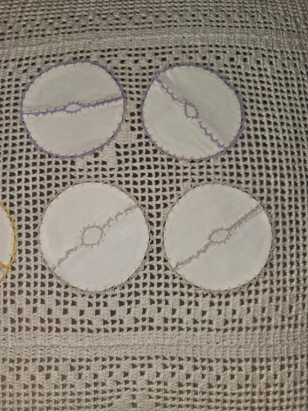 Vintage Embroidered White Linen Stemmed Glass Coasters With Colored Trim, Set 8
